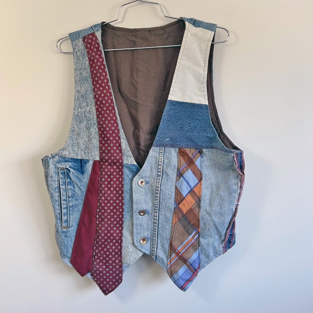 Patchwork Denim Vest with Tie Accents - Blue & Burgundy